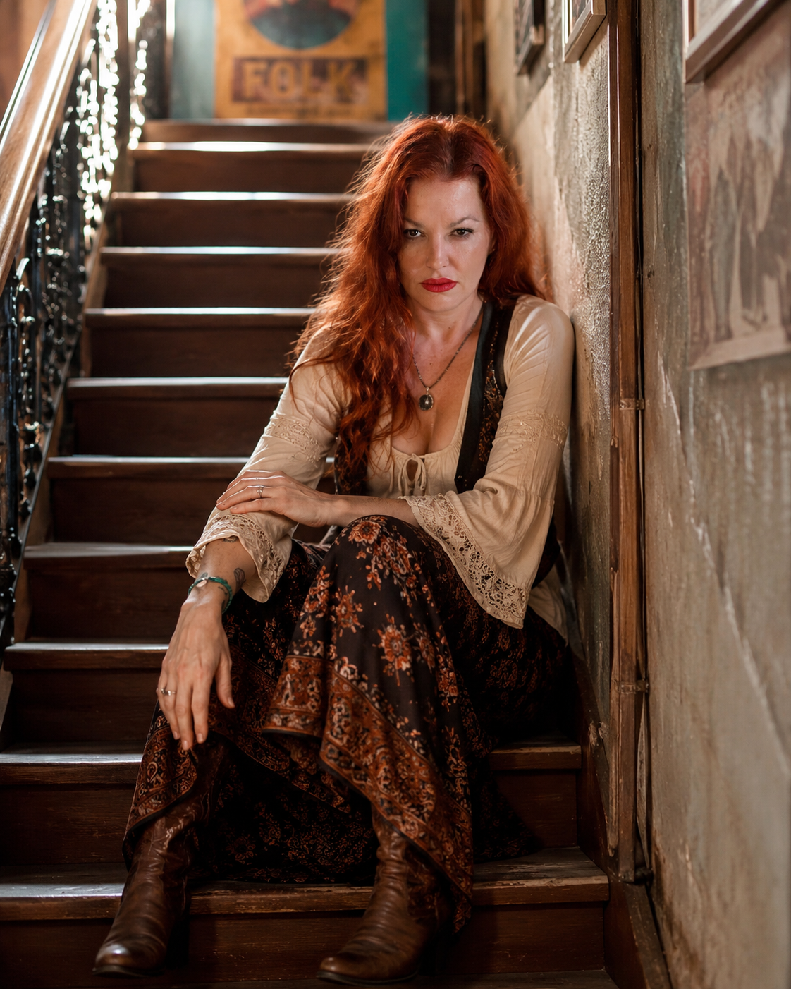 The Girl Upstairs, music artist in bohemian dress sits on wooden stairs beside textured wall, warm lighting and vintage decor.