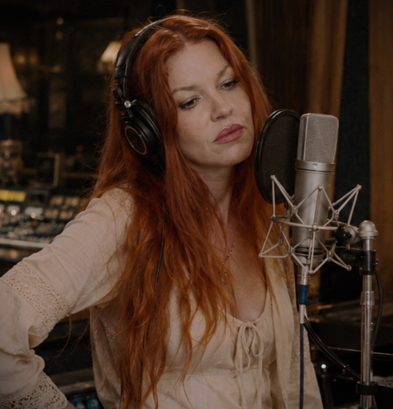 singer songwriter, The Girl Upstairs, seated in a recording studio with mixing console and speakers behind her.